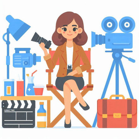 Female photographer sitting in chair and holding camera on tripod. Flat vector illustrationのイラスト素材