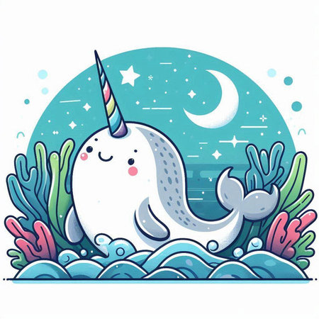 Cute cartoon narwhal in the sea. Vector illustration.のイラスト素材