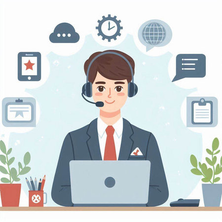 Call center operator with headset and laptop. Flat style vector illustration.のイラスト素材