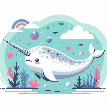 Cute narwhal in the sea. Vector illustration of a cartoon character.のイラスト素材