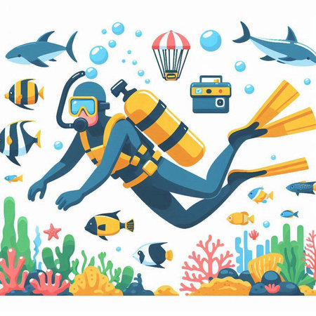Scuba diving vector illustration. Cartoon scuba diver swimming underwater with equipment.のイラスト素材