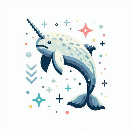 Cute cartoon narwhal. Vector illustration in doodle style.のイラスト素材