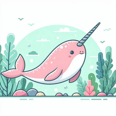 Cute cartoon narwhal in the sea. Vector illustration.のイラスト素材