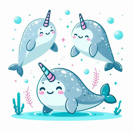 Cute cartoon narwhal and whale characters. Vector illustration.のイラスト素材