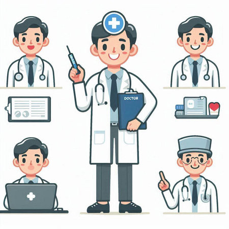 Doctor character vector illustration set. Cartoon doctor with stethoscope, stethoscope, syringe, laptop and other medical objects.のイラスト素材