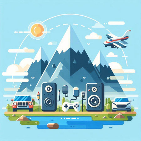 Vector flat style illustration of camping or travel. Landscape with mountains, forest, lake, airplane, car, speaker, camper van.のイラスト素材
