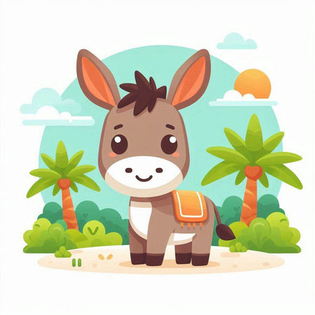 Cute donkey on the beach. Vector illustration in cartoon style.のイラスト素材