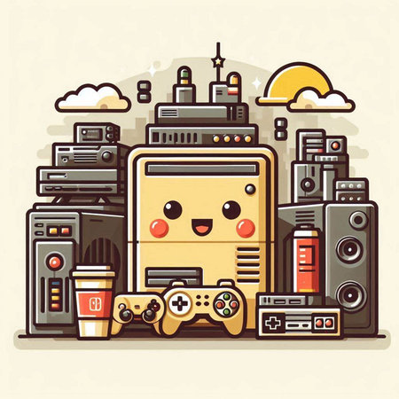 Retro video game console, arcade machine, joystick and coffee cup. Vector illustrationのイラスト素材