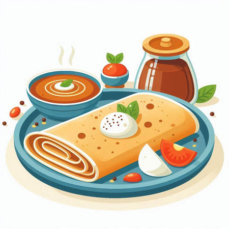 Crepes with sour cream and tomato sauce. Vector illustration.のイラスト素材
