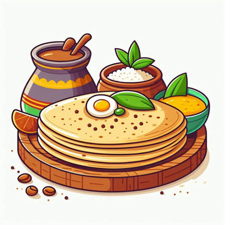 Illustration of a stack of pancakes on a wooden board with spices.のイラスト素材