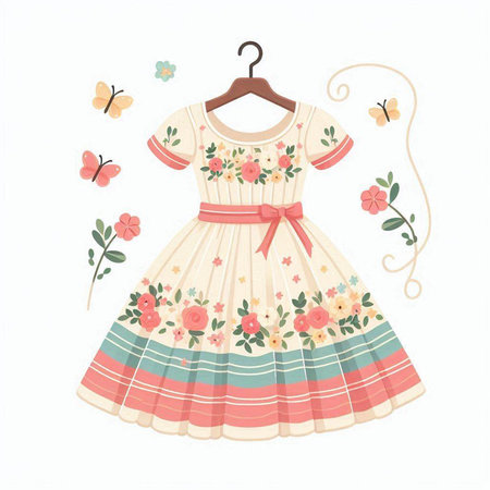 Vector illustration of a dress with flowers and butterflies on a hangerのイラスト素材