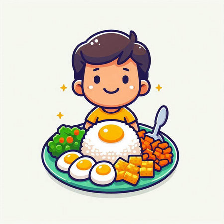 cute boy eating fried eggs and vegetables, cartoon vector illustration.のイラスト素材