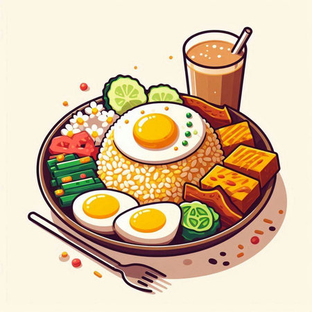 Illustration of a bowl of rice with fried eggs, tofu and vegetablesのイラスト素材
