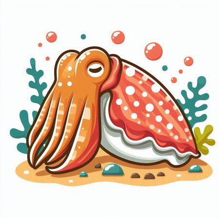 Illustration of a Cute Octopus on the Beach with Coralのイラスト素材
