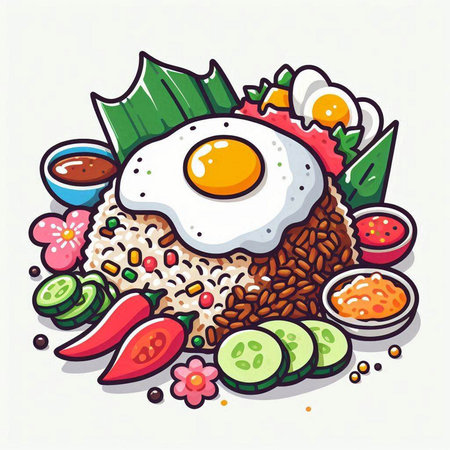 Illustration of rice with fried egg, vegetables and soy sauce.のイラスト素材