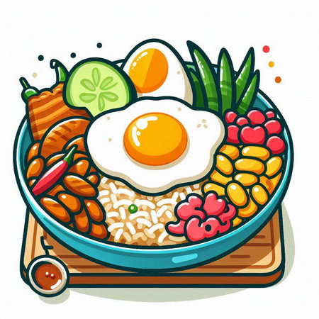Bowl of rice with fried egg and vegetables. Vector illustration.のイラスト素材