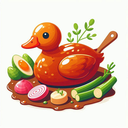 Illustration of a red duck with vegetables on a white background.のイラスト素材