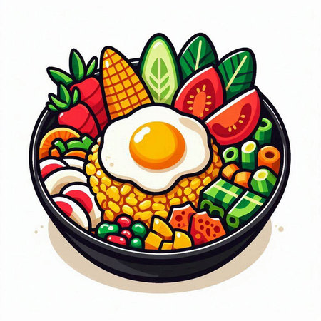 Bowl of rice with egg and vegetables on white background. Vector illustration.のイラスト素材