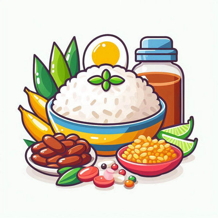 Illustration of a bowl of rice and ingredients for a healthy mealのイラスト素材