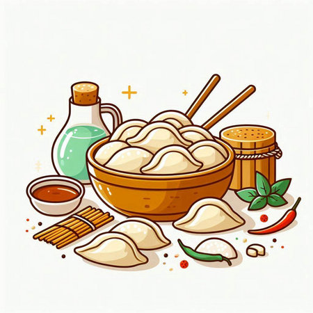 Steamed dumplings in bowl with chopsticks and soy sauce, vector illustration.のイラスト素材