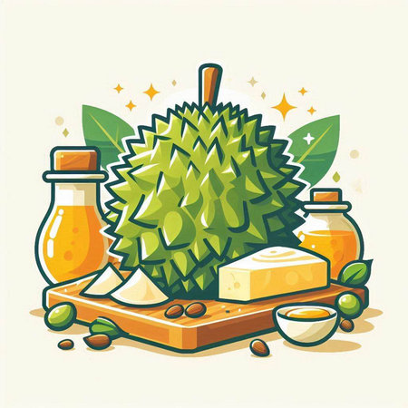 Vector illustration of Durian fruit, juice, honey and nuts.のイラスト素材