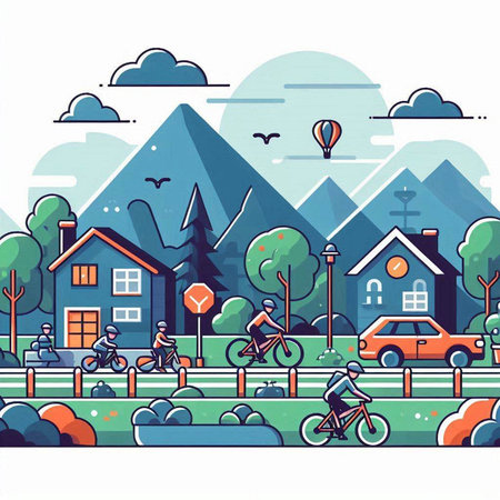 City landscape with people riding bicycles, trees and houses. Vector illustrationのイラスト素材