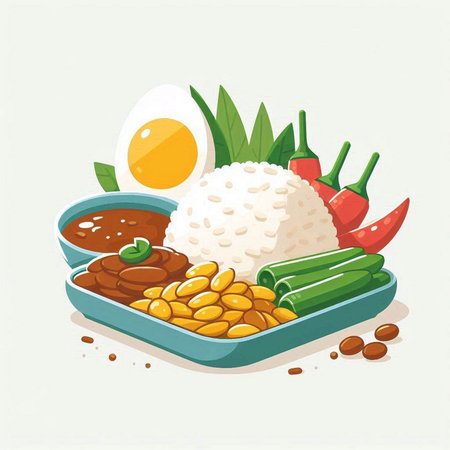 Illustration of traditional malaysian food with rice, egg and vegetablesのイラスト素材