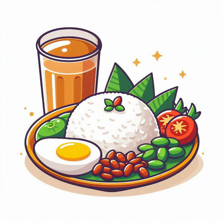 Illustration of a bowl of rice, egg, tomato and green beans.のイラスト素材