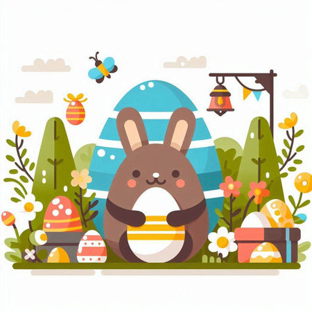 Easter bunny in the garden. Vector illustration in flat style.のイラスト素材