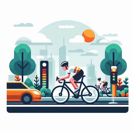Vector illustration of a cyclist riding a bicycle on the road in the cityのイラスト素材