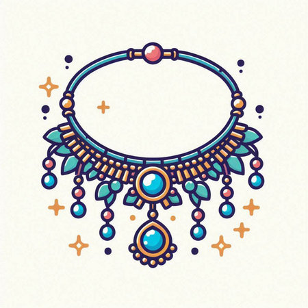 Necklace with precious stones and beads. Hand drawn vector illustration.のイラスト素材