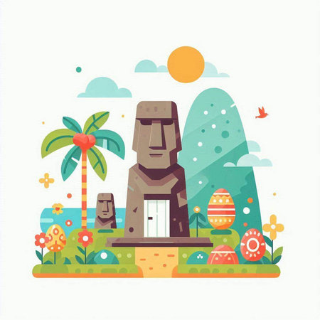 Easter flat illustration. Colorful Easter eggs and stone statues in the park.のイラスト素材