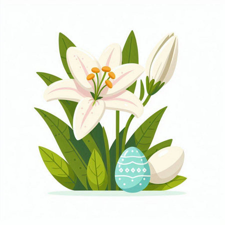 Easter eggs and lily flowers. Vector illustration on white background.のイラスト素材