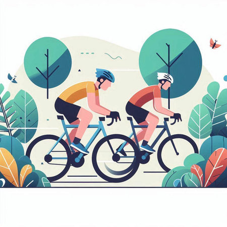 Cyclists riding bicycle in the park. Flat vector illustration.のイラスト素材