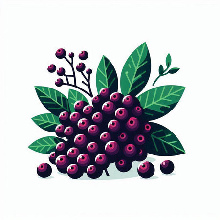 Bunch of berries with green leaves isolated on white background. Vector illustration.のイラスト素材