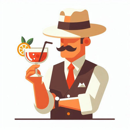 Man in a hat with a cocktail in his hand. Vector illustrationのイラスト素材