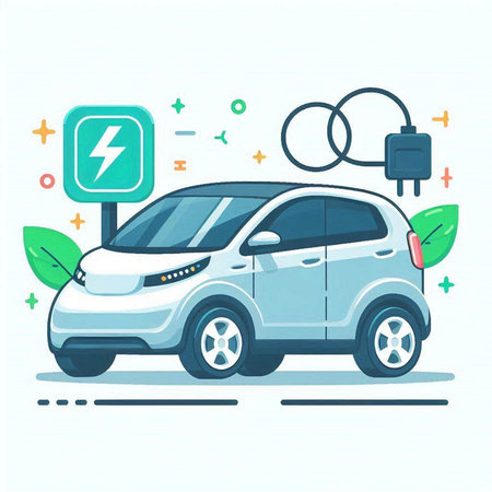 Electric car. Electric vehicle. Vector illustration in flat cartoon style.のイラスト素材
