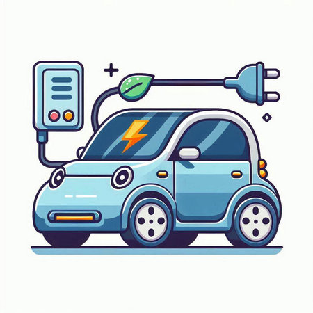 Electric car with plug and socket. Vector illustration in cartoon style.のイラスト素材