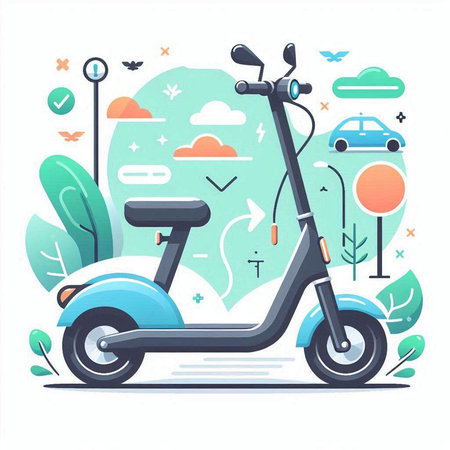 Modern scooter on the background of nature. Vector illustration in flat style.のイラスト素材