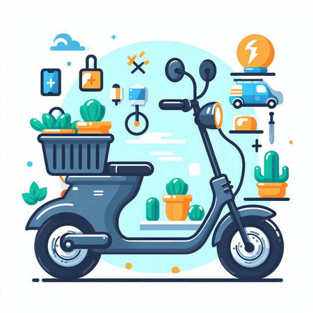 Electric scooter with a basket full of cacti. Flat style vector illustration.のイラスト素材