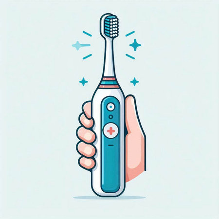 Vector illustration of hand holding electric toothbrush. Electric toothbrush icon.のイラスト素材