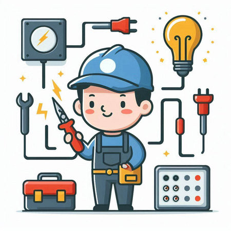 Electrician with tools. Vector illustration in a flat style. Cute cartoon character.のイラスト素材