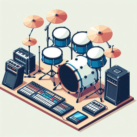 Drum kit isometric composition with drum kit and musical instruments vector illustrationのイラスト素材
