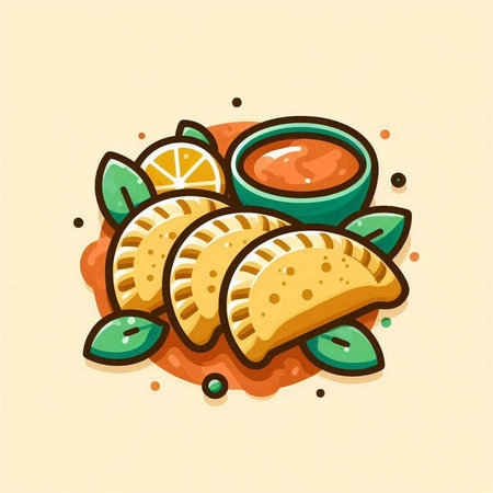 Mexican empanadas with salsa. Vector illustration in cartoon styleのイラスト素材