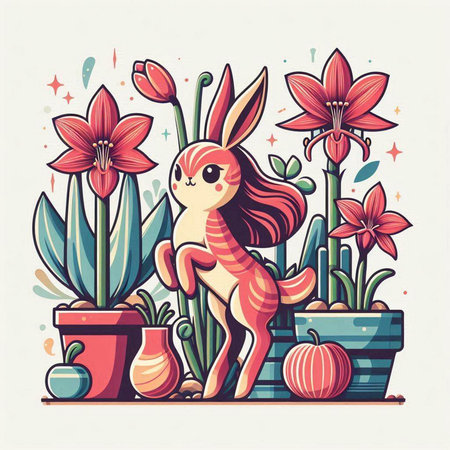 Cute cartoon rabbit with flowers in a pot. Vector illustration.のイラスト素材