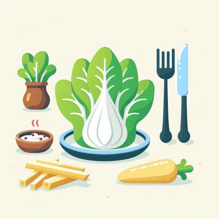 Vegetarian food vector illustration. Lettuce, radish, onion, carrot, parsley, potato, pepper, knife and fork.のイラスト素材