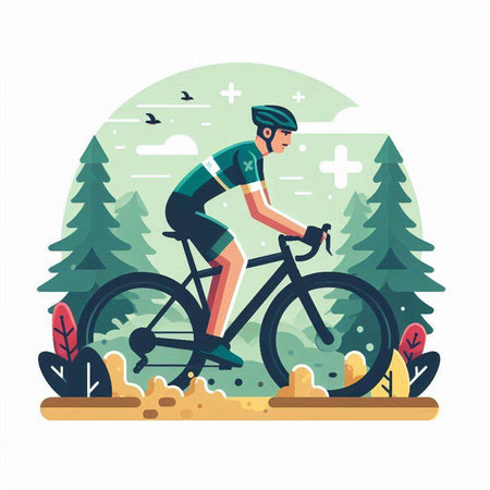 Cyclist in the forest. Flat vector illustration on white background.のイラスト素材