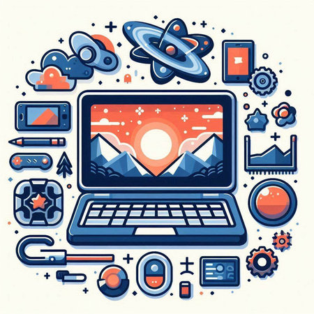 Vector illustration of a laptop with space and technology icons on white background.のイラスト素材