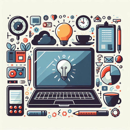 Laptop computer with light bulb and office supplies. Vector illustration.のイラスト素材