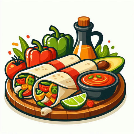 Mexican burrito with vegetables and sauce. Vector illustration in cartoon styleのイラスト素材
